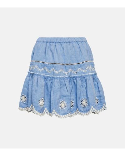 LoveShackFancy Cava Embroidered Cotton And Linen Miniskirt - Blue