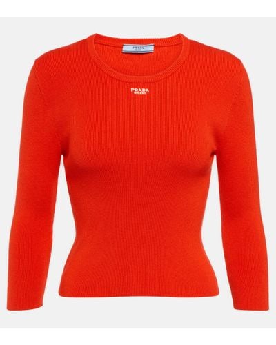Prada Logo Ribbed-knit Cotton-blend Jumper - Red