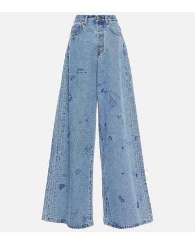 Vetements Jean ample imprime a taille basse - Bleu