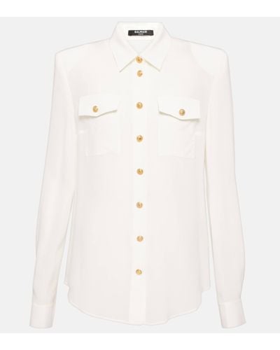 Balmain Crepe de Chine -Hemd mit gepolsterten Schultern - Blanc