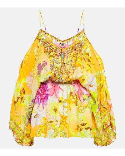 Camilla Floral Embellished Silk Playsuit - Yellow