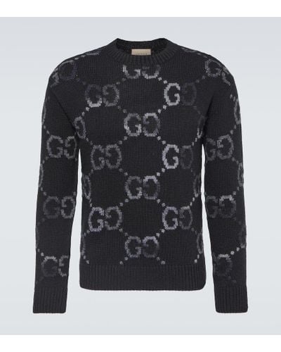 Gucci Monogram-pattern Ribbed-trim Wool-blend Knitted Sweater - Black