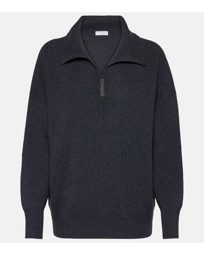 Brunello Cucinelli Ribbed-knit Cashmere Polo Sweater - Blue