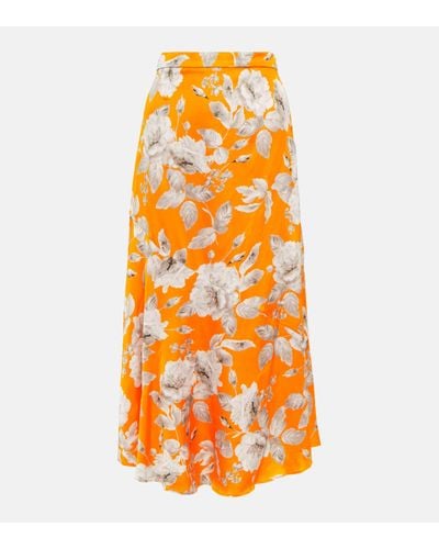 Erdem Griselda Floral Satin Midi Skirt - Orange