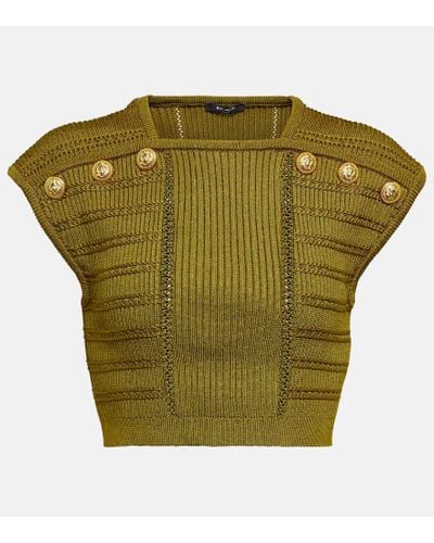 Balmain Verziertes Cropped-Top aus Strick - Grün