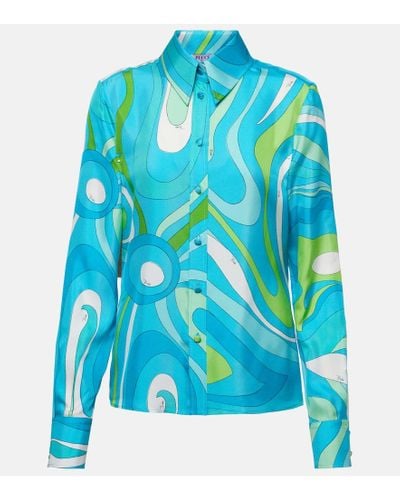 Emilio Pucci Bedrucktes Hemd Marmo aus Seide - Blau