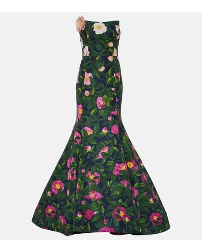 Oscar de la Renta Strapless Floral Faille Gown - Green