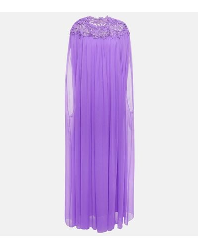 Oscar de la Renta Lace-trimmed Silk Crepe Gown - Purple
