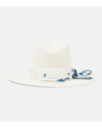 Maison Michel Fedora Kate de rafia con panuelo - Blanco