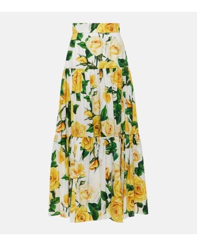 Dolce & Gabbana Long ruffled skirt in yellow rose-print cotton - Jaune