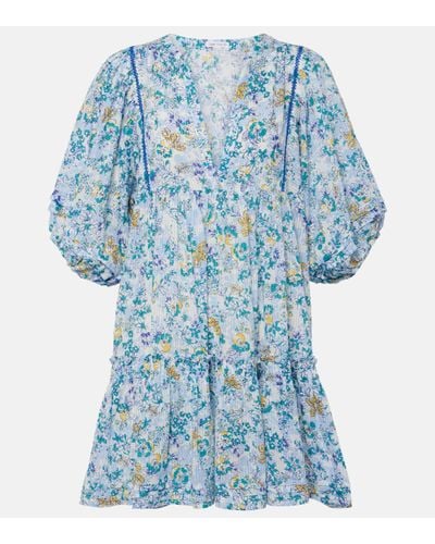 Poupette Aria Floral Gathered Cotton Minidress - Blue