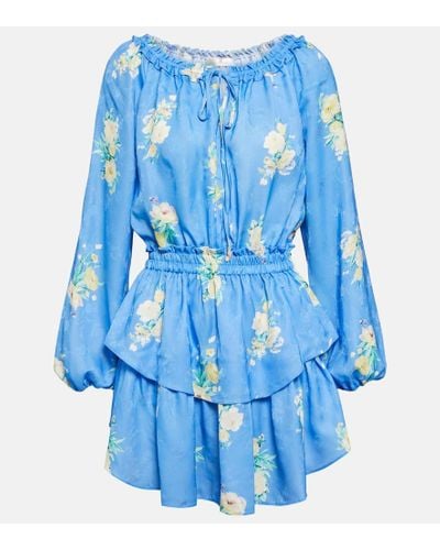 LoveShackFancy Popover Floral Mini Dress - Blue