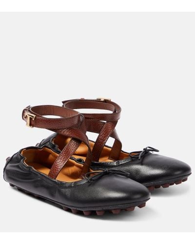 Tod's Bubble Leder Ballet Flats Schuhe mit Riemen - Schwarz