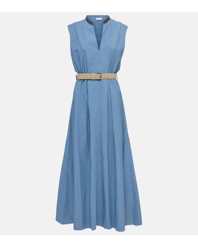 Brunello Cucinelli Robe longue en coton a ornements - Bleu