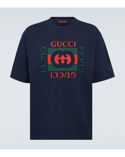 Gucci T-shirt in jersey di cotone con logo - Blu
