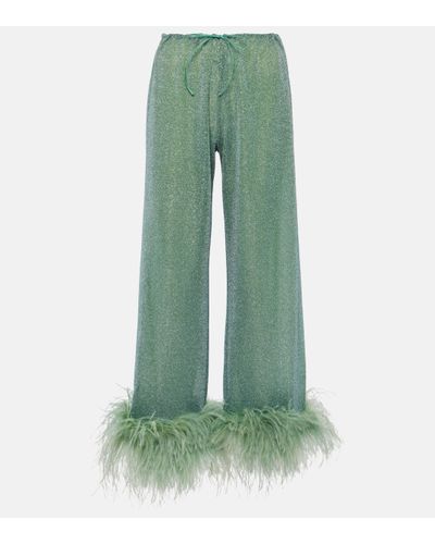 Oséree Lumiere Plumage Feather-trimmed Lame Trousers - Green