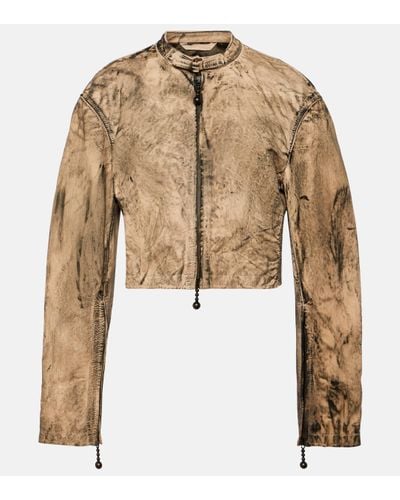 Acne Studios Cropped Painted Leather Biker Jacket - Natural