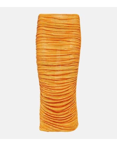 Self-Portrait Embellished Ruched Midi Skirt - Orange