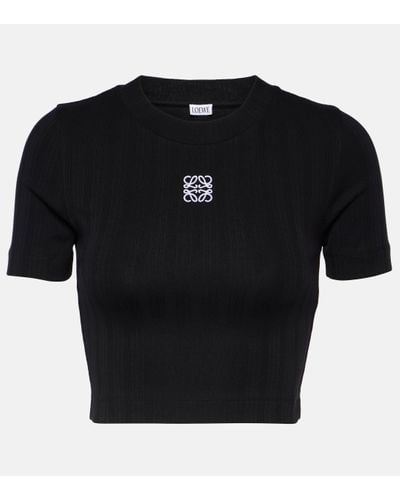 Loewe T-shirt Raccourci En Coton Côtelé À Broderie Anagram - Noir