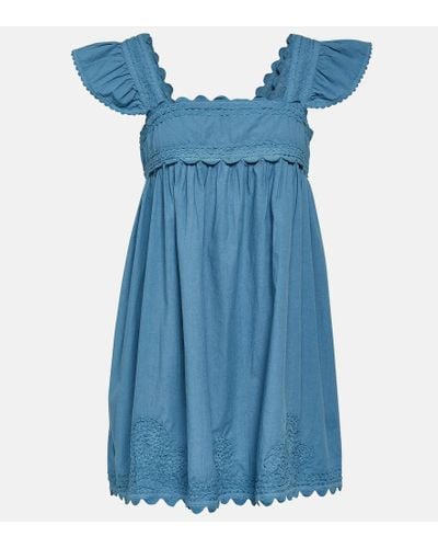 Juliet Dunn Vestido corto de algodon bordado festoneado - Azul