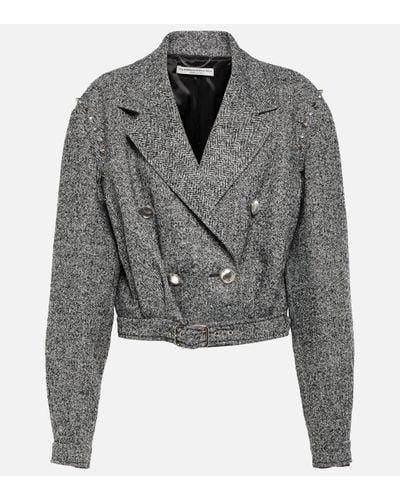 Alessandra Rich Herringbone Cropped Wool-blend Jacket - Grey