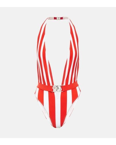 Dolce & Gabbana Portofino Striped Halterneck Swimsuit - Red