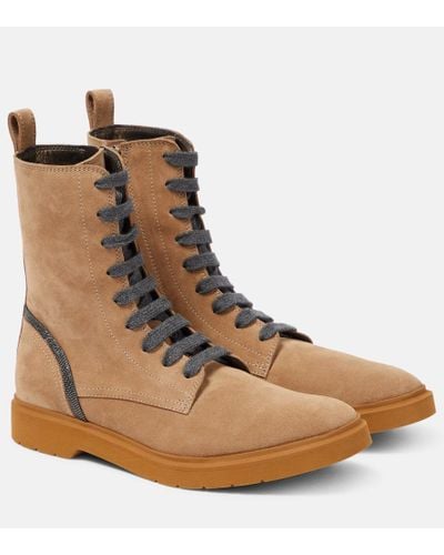 Brunello Cucinelli Verzierte Schnuerstiefel aus Veloursleder - Braun