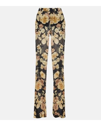 Saint Laurent Wide Leg Floral Silk Trousers - Metallic