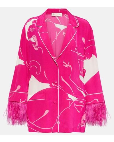 Valentino Hemd aus Crepe de Chine aus Seide mit Federn - Pink