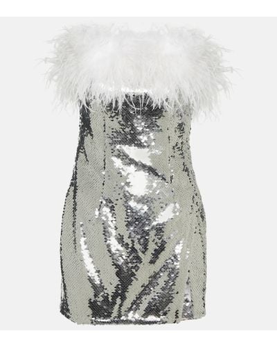 Self-Portrait Feather-trimmed Sequined Minidress - Grey