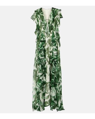 Costarellos Kalina Printed Ruffled Silk Gown - Green