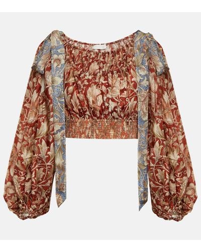 Zimmermann Haut Raccourci En Crêpe De Chine De Soie À Imprimé Fleuri Chintz - Marron