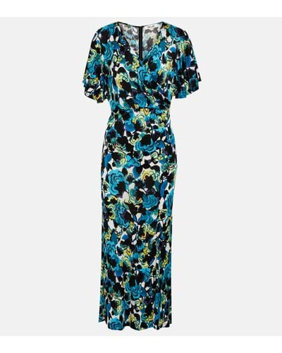 Diane von Furstenberg Robe fleurie mi-longue à col v - Bleu