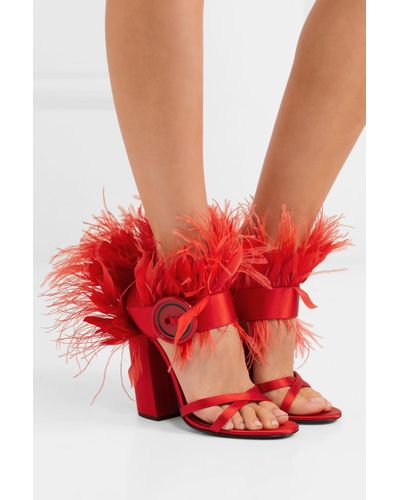 Prada Feather-trimmed Satin Sandals in Red - Lyst