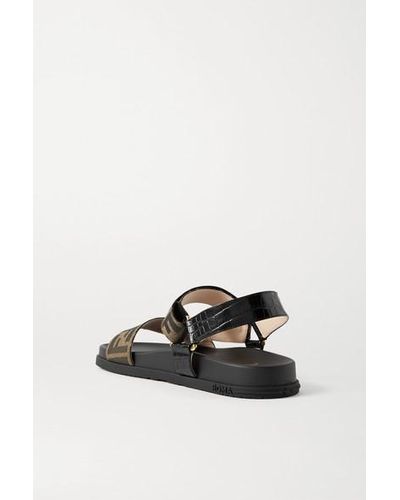 Fendi Logo-embellished Canvas And Croc-effect Leather Sandals in 