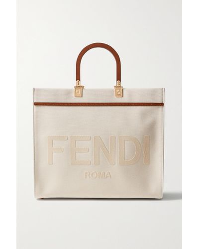 Fendi Sunshine Medium Leather-trimmed Appliquéd Canvas Tote in Ivory ...