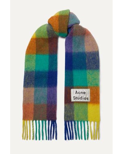 Acne Studios Wool Checked Fringed Knitted Scarf in Blue | Lyst