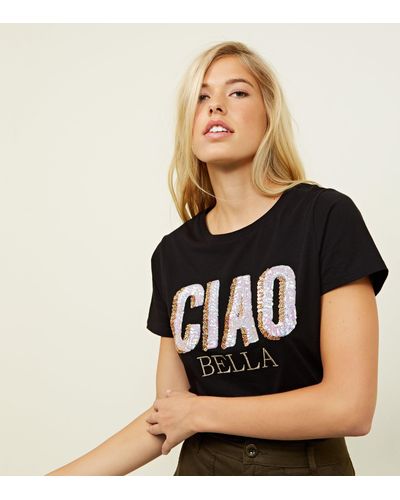 New Look Cotton Black Ciao Bella Sequin T-shirt - Lyst