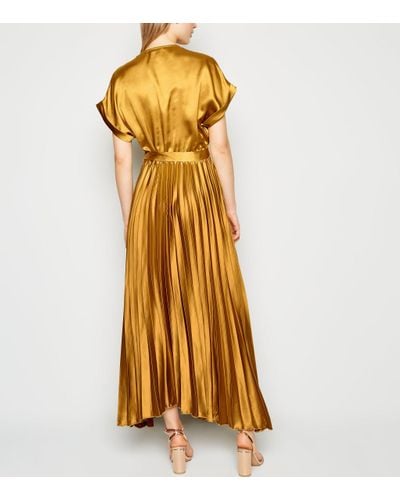 mustard pleated midi dress