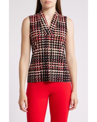 Anne Klein Houndstooth Print Triple Pleat V-Neck Top - Red