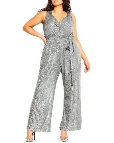 City Chic Dazzling Tie Waist Jumpsuit - Gray