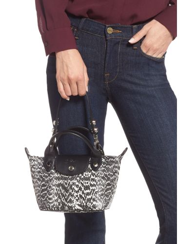 Longchamp Black Le Mini Pliage Cuir Snake Embossed Leather Top Handle Bag Longchamp Black Le Mini Pliage Cuir Snake Embossed Leather Top Handle Bag