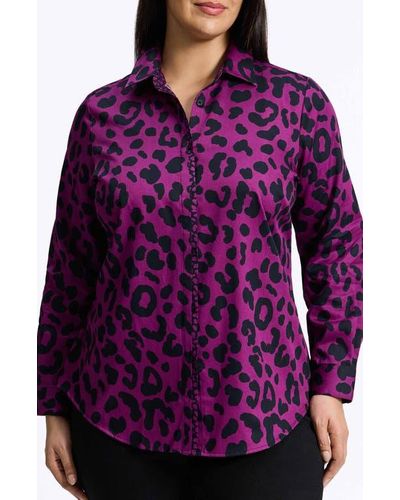Foxcroft Charlie Leopard Print Cotton Button-Up Shirt - Purple