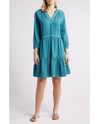 Beach Lunch Lounge Jovialle Embroidered Long Sleeve Dress - Blue