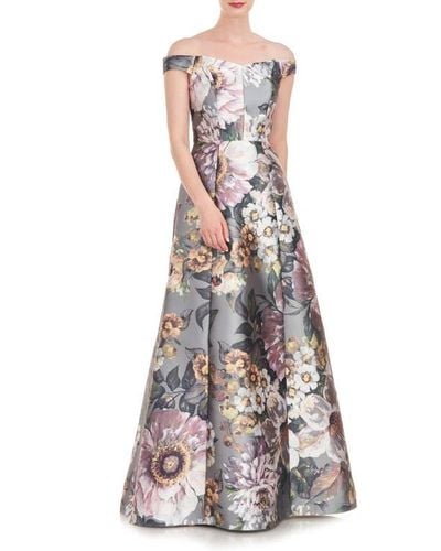 Kay Unger Garland Floral Print Off The Shoulder Gown - White