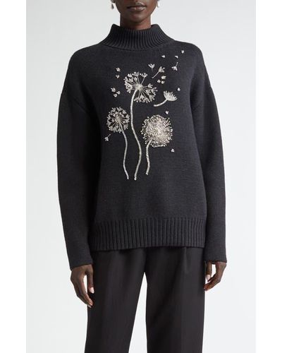 Oscar de la Renta Dandelion Beaded Wool Turtleneck Sweater - Black
