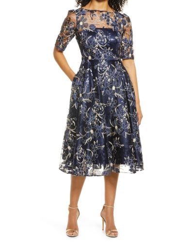 Eliza J Lace Sequin Floral Embroidery Fit & Flare Cocktail Midi Dress ...