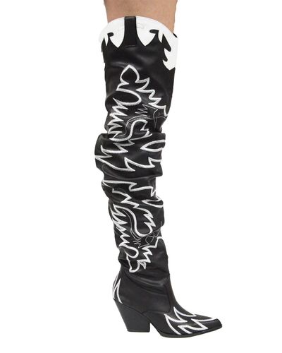 kelsie embroidered western thigh high long boot in black faux leather