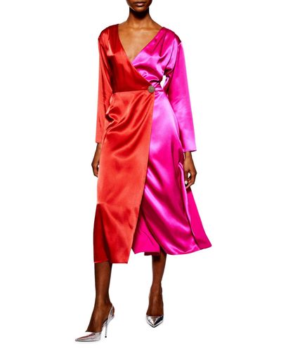TOPSHOP Satin Colorblock Dress in Pink ...