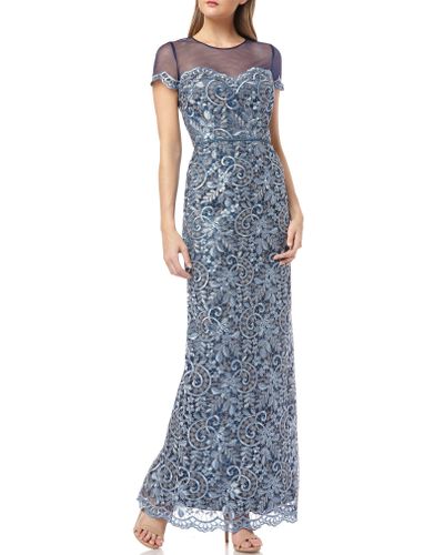 JS Collections Lace Illusion Yoke Scroll Embroidery Gown In Blue Silver At Nordstrom Rack | Lyst
